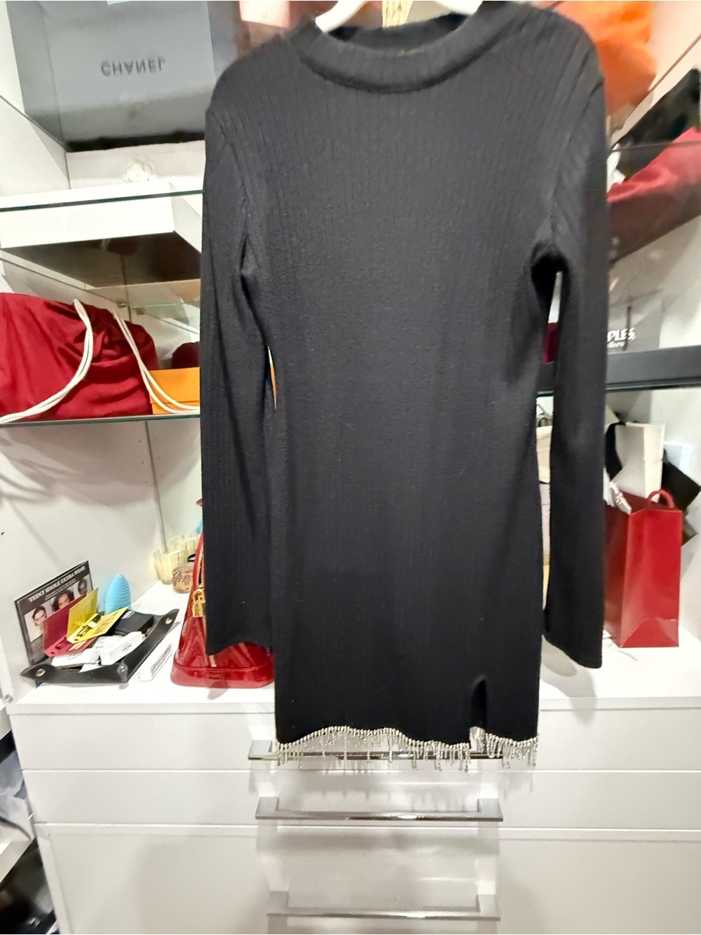 Zara Black Long-Sleeve Knit Dress with Fringe Trim